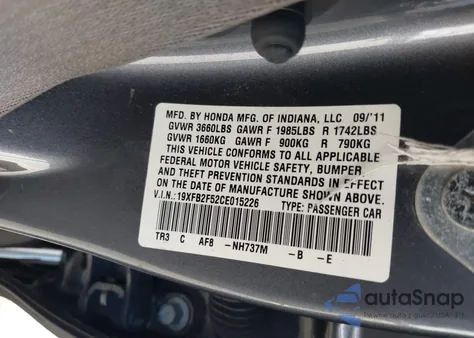 2012 Honda Civic Lx from USA, damaged, VIN 19XFB2F52CE015226